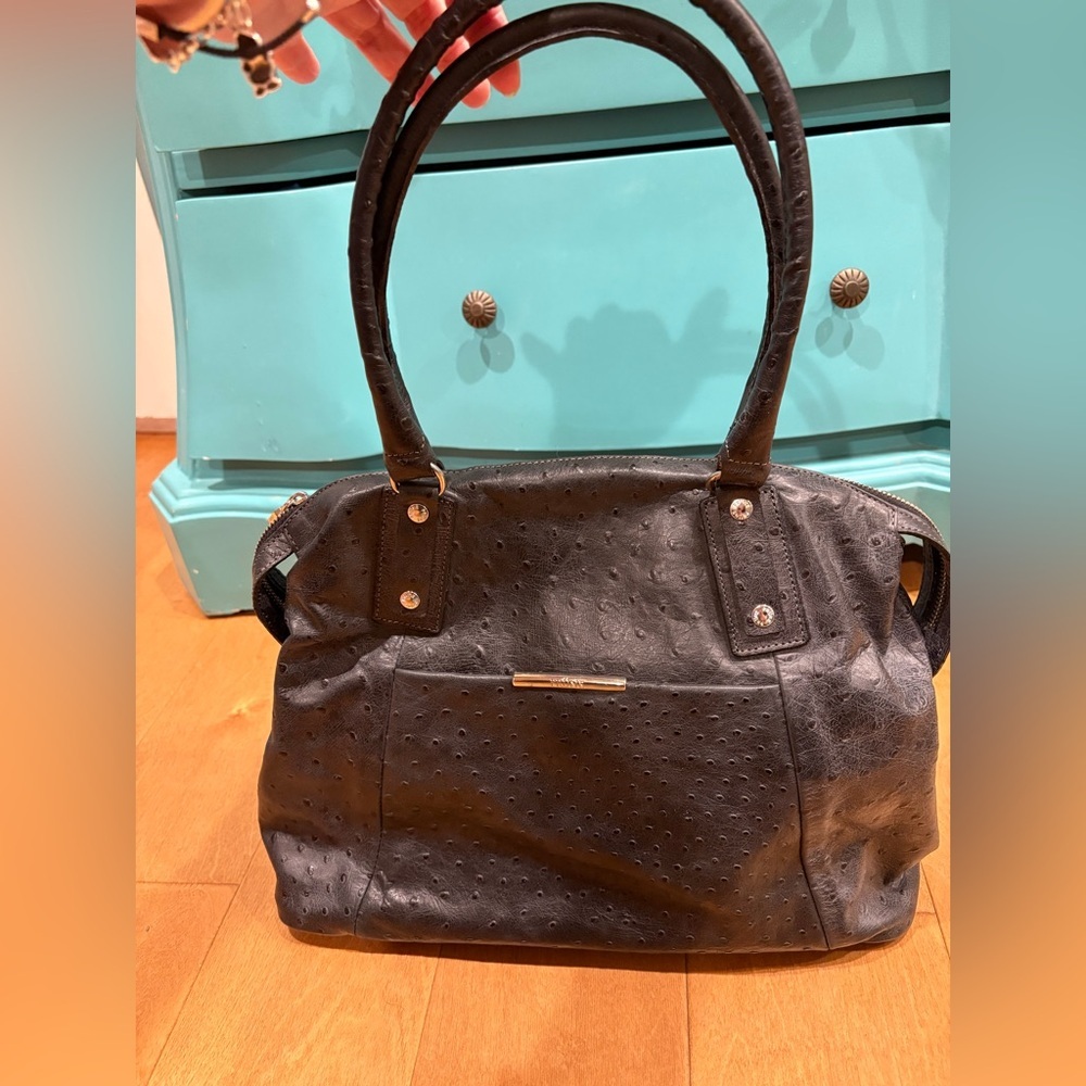 Prune Ostrich Leather Satchel Bag Black